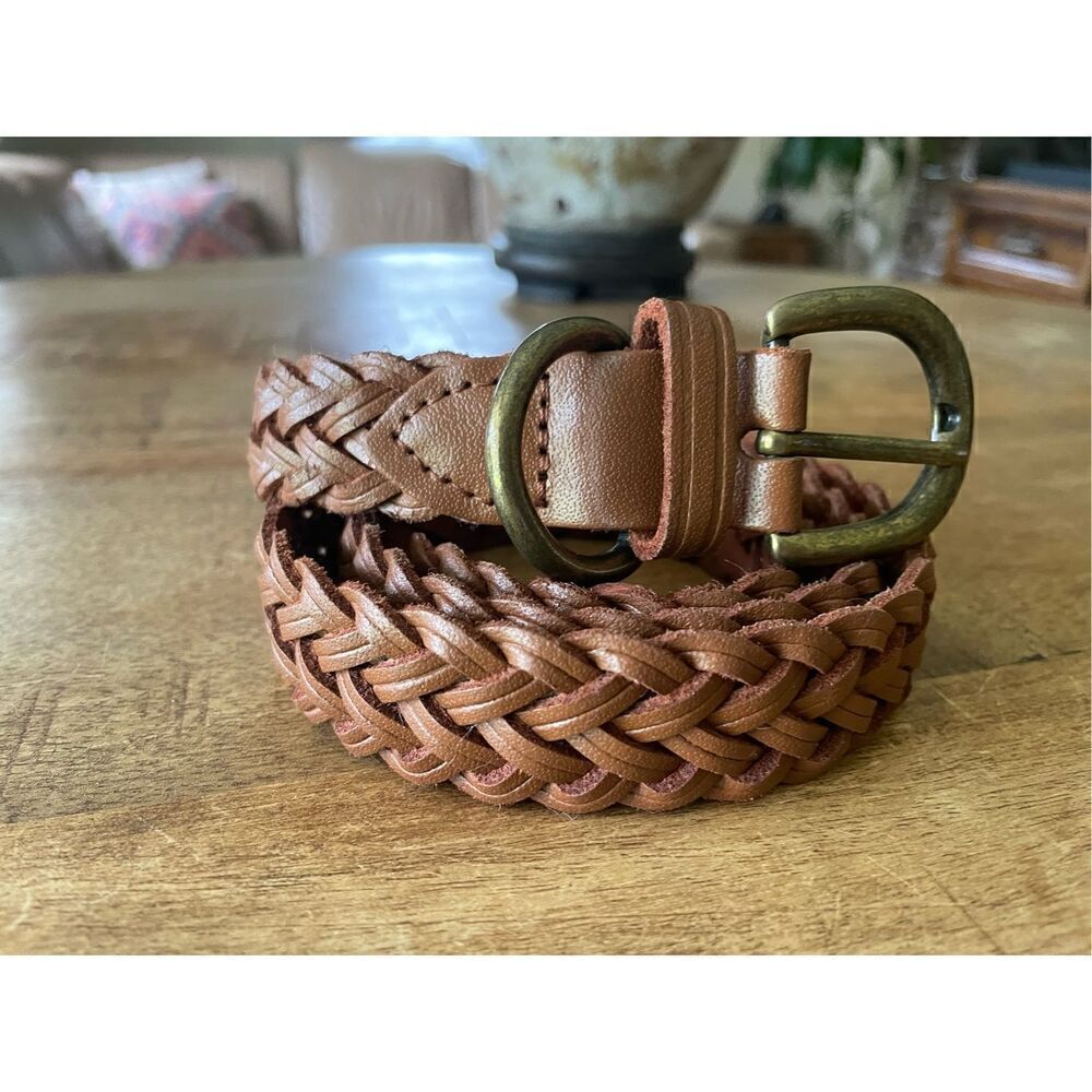 Braided Tan Leather Belt with Antique Brass Buckle
